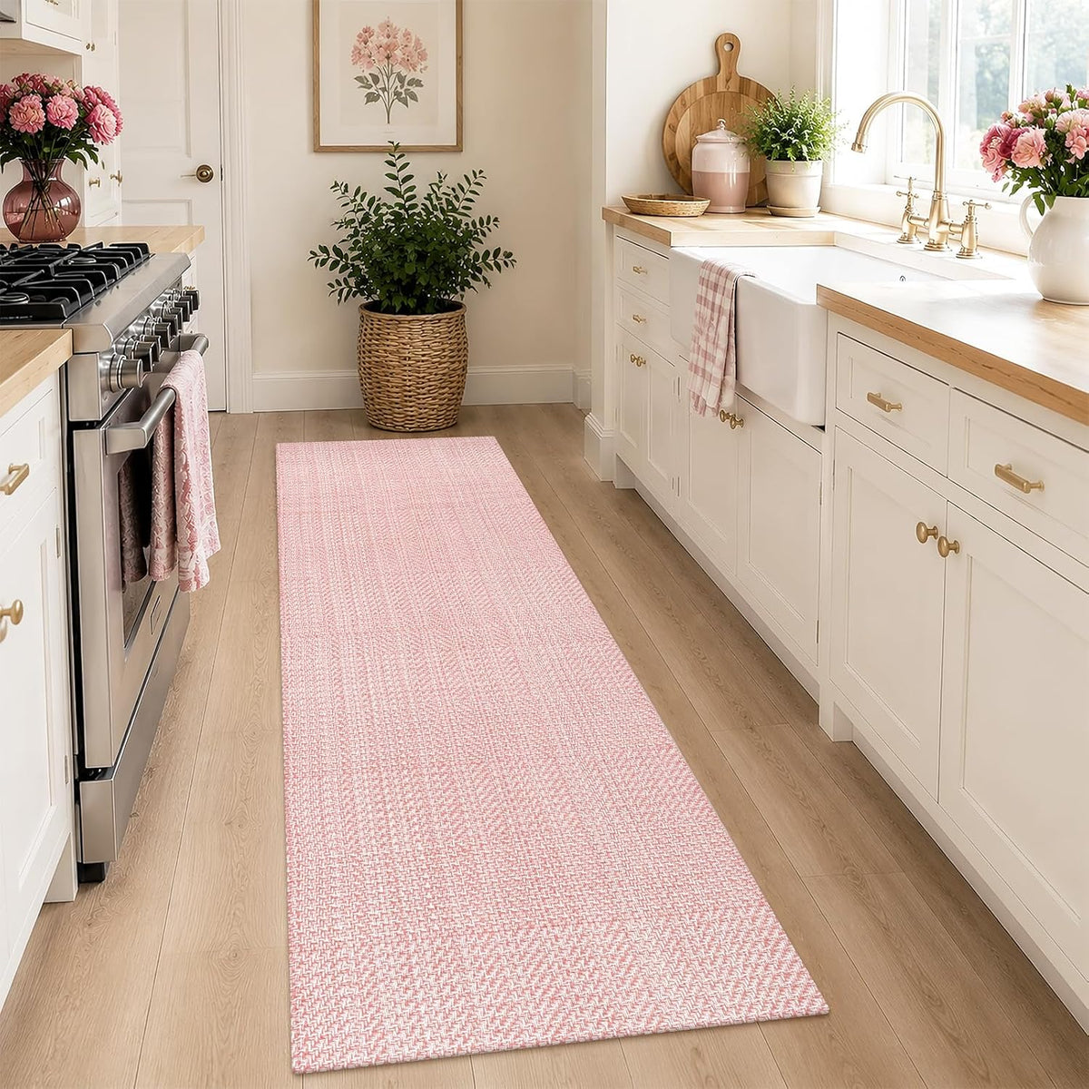 Pink Woven Washable Runner Rug