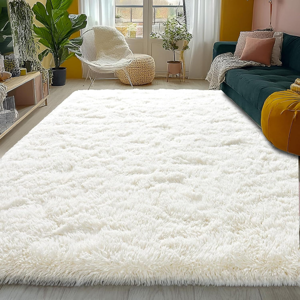 5x7 Cream White Fluffy Shaggy Area Rug