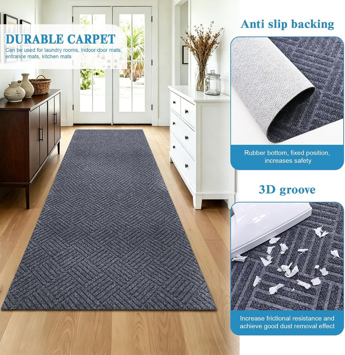 Dark Grey Stripe Non‑Slip Runner Rug