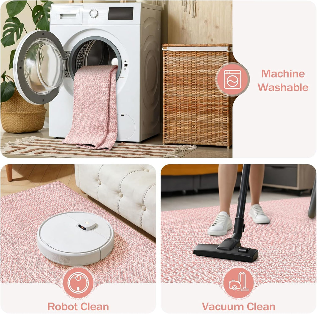 Pink Woven Washable Runner Rug