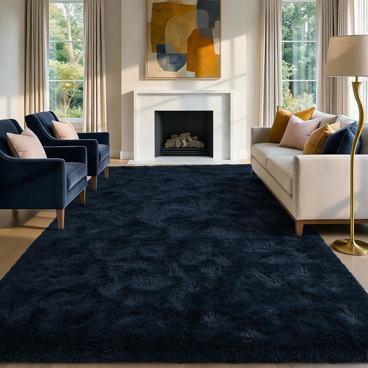 5x7 Navy Blue Plush Fluffy Area Rug