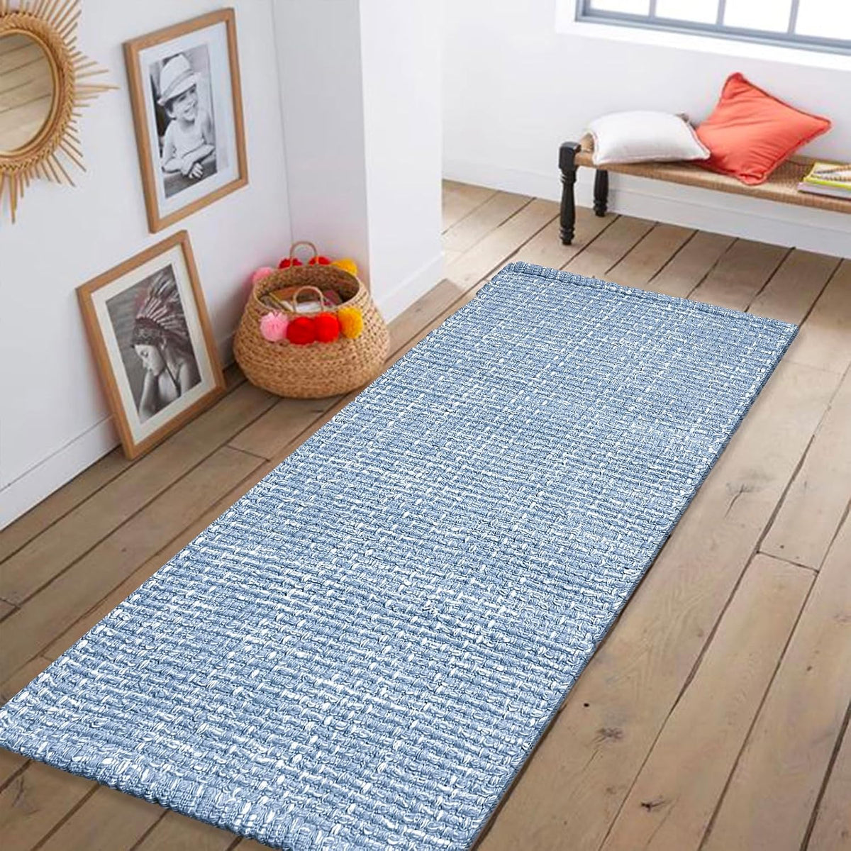Home Blue White Cotton Runner Rug