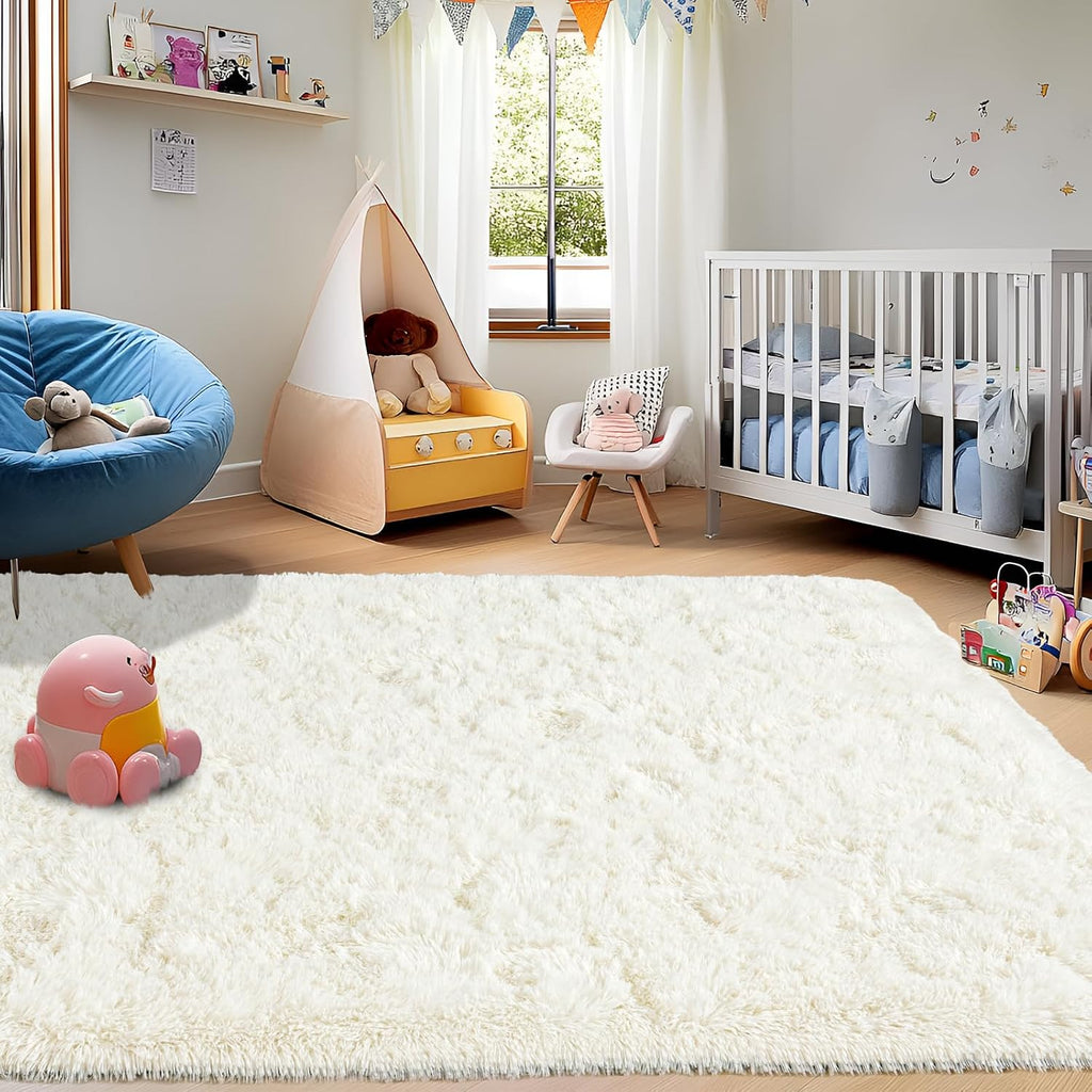 5x7 Cream White Fluffy Shaggy Area Rug
