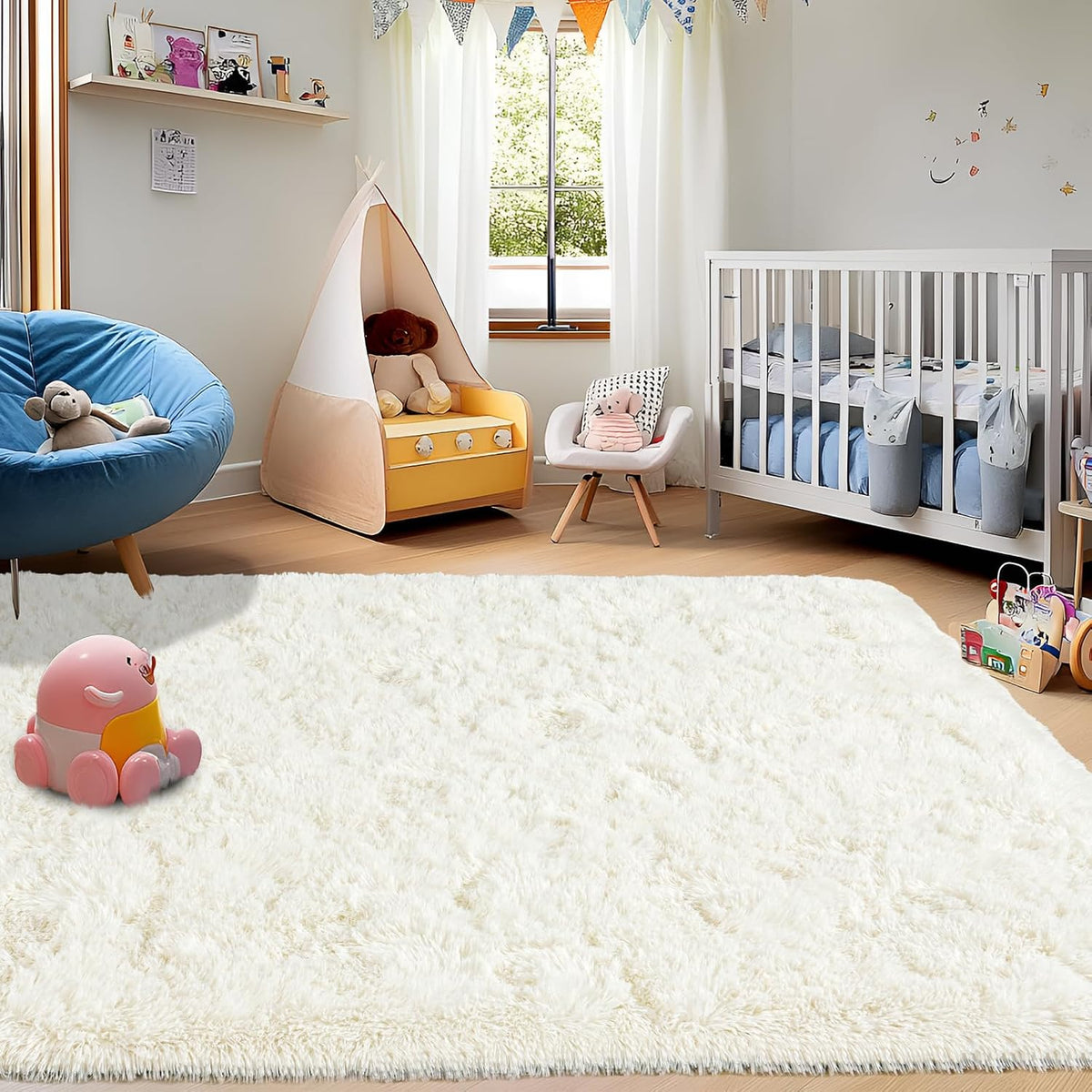 5x7 Cream White Fluffy Shaggy Area Rug