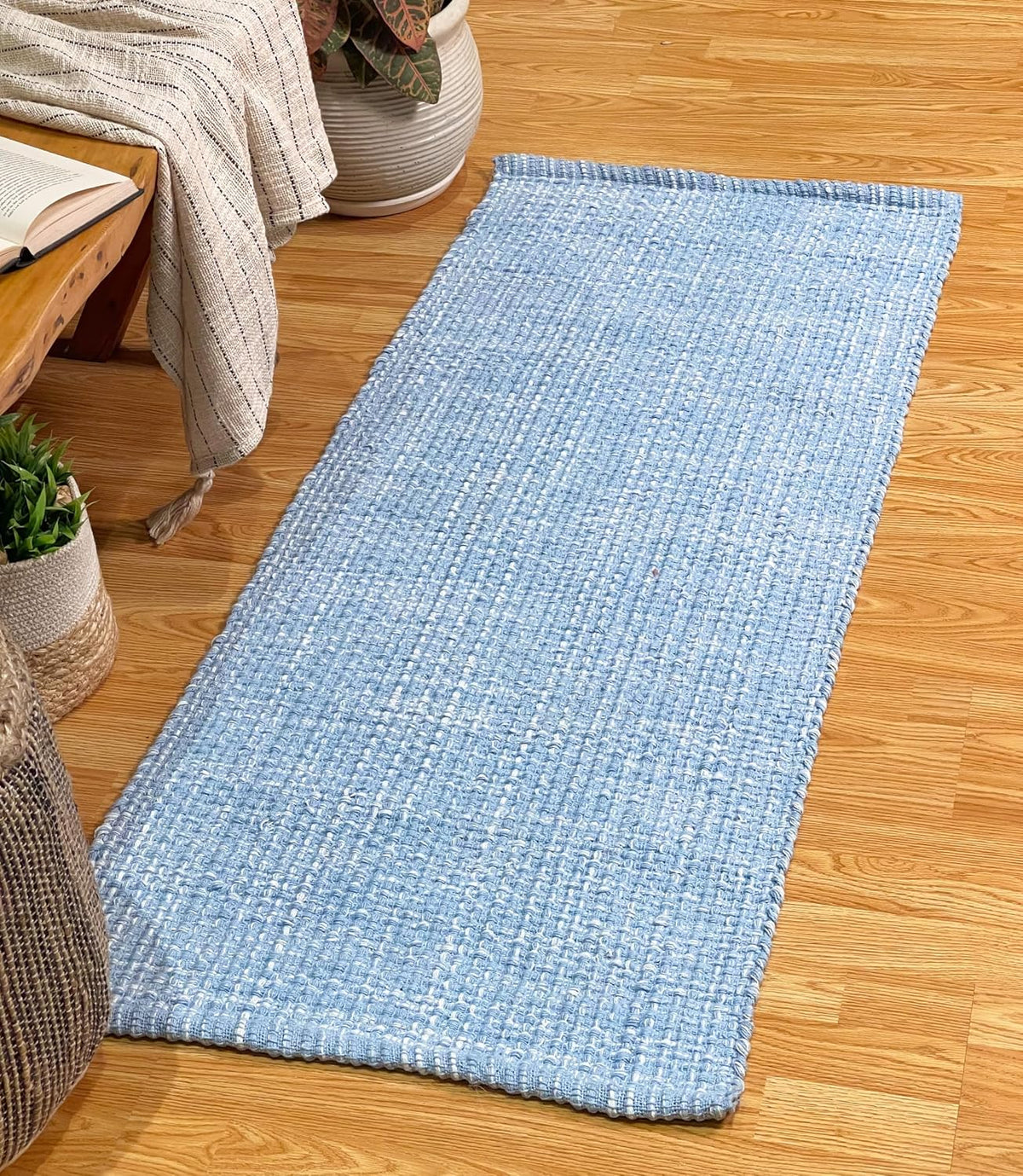 Home Blue White Cotton Runner Rug